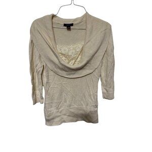 Alfani Petite Sweater Cream with Lace Insert and Foldover Neck Womans PS